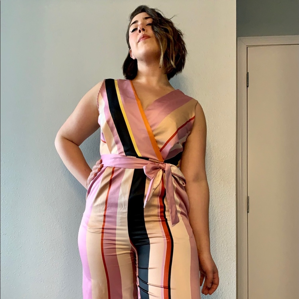 Striped V-neck straight leg MANGO jumpsuit.